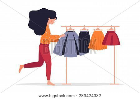 Young Woman Chooses A Skirt From Colorful Skirts Hanging On A Hanger.  Vector Illustration Isolated 