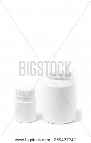Two Medicine Pill White Bottles Isolated On White Background Stand Nearby. Drugs, Illustrations.