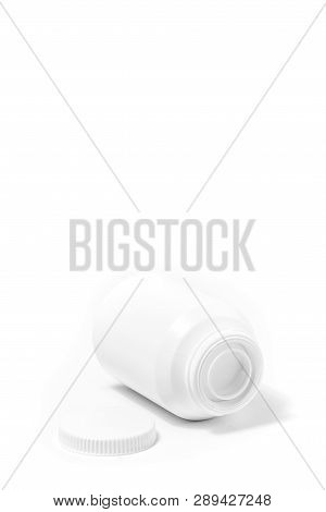 Medicine White Pill Bottle Isolated On White Background Lies On The Side. Drugs, Illustrations.