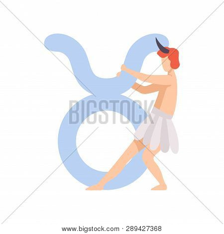Taurus Zodiac Sign, Young Man Wearing Clothes In Style Of Ancient Greece Vector Illustration