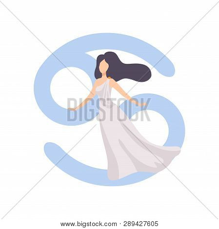 Cancer Zodiac Sign, Young Beautiful Woman Wearing Clothes In Style Of Ancient Greece Vector Illustra