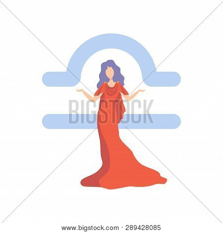 Libra Zodiac Sign, Young Beautiful Woman Wearing Red Dress Vector Illustration
