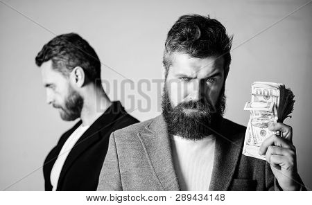 Man Bearded Fraudster Hold Cash Money While Victim Stand Sad Background. While No One Watching. How 