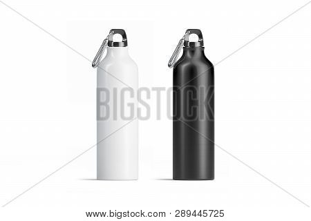 Blank Black And White Metal Sport Bottle Mockup Set, Isolated, 3d Rendering. Empty Steel Botle Mock 