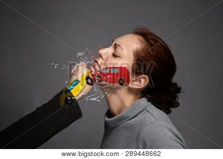 The Concept Of A Car Accident, Insurance. Collision Of Two Cars .on The Face Of The Girl And On The 