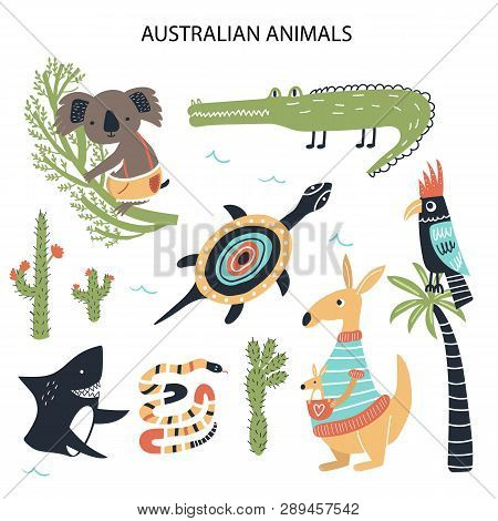 Set Of Diferent Cartoon Australian Animals. Cute Handdrawn Kids Clip Art Collection. Vector Illustra