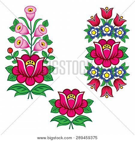 Folk Art Polish Vector Designs With Flowers For Weddding Invitation, Greeting Card, Zalipie Patterns