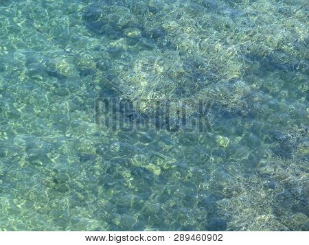 Texture Of Clear Sea Water, Top View Of The Rocky Bottom. Transparent Tropical Ocean, Coral Reefs, A