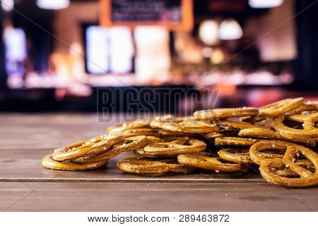 Lot Of Whole Mini Salted Pretzels In A Restaurant