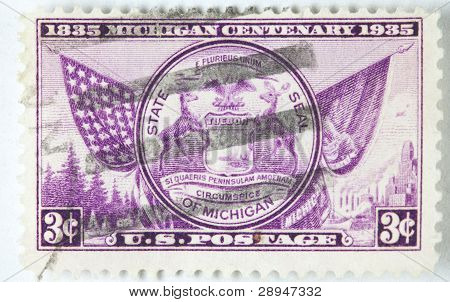 แสตมป์ที่พิมพ์ โดยสหรัฐอเมริกาแสดง Centenary รัฐมิชิแกน เซอร์กา 1936