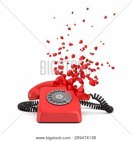 3d Rendering Of Red Vintage Telephone Shattering Into Small Pieces On White Background