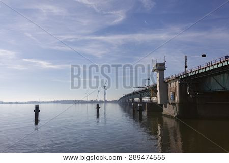 The Haringvliet Bridge In The Netherlands. Part Of The Dutch Delta Works And The Largest Inland Wate