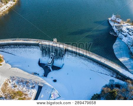 Aerial View Of The Wall Of The Brucher Dam (bruchertalsperre) Near Marienheide In Winter.