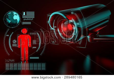 Big Surveillance Camera Is Focusing On A Human Icon As A Metaphor Of Collecting Data On Society By S