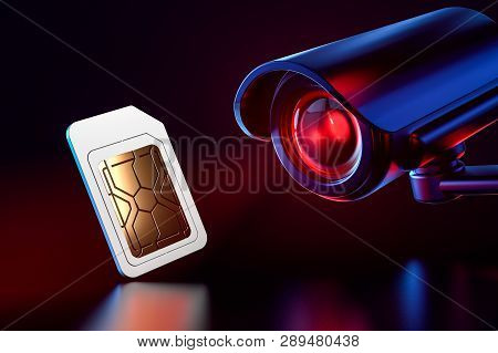 Sim Card Checked By Cctv. Spying On Mobile Data Transfers Or Phone Calls Concept. 3d Rendering