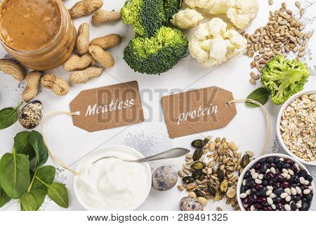 Various Meatless Protein Foods. Vegan Protein Sources. Healthy Vegan Food Background. Copy Space