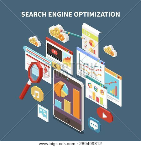 Web Seo Isometric Composition With Search Engine Optimization Headline And Isolated Elements Vector 