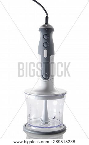 Electric Hand Blender Attached To A Chopping Bowl Isolated On White Background