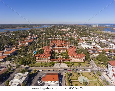Aerial view of Ponce de Leon Hall of Flagler College in St. Augustine, Florida, USA. The Ponce de Leon Hall with Spanish Colonial Revival style is a US National Historic Landmark.