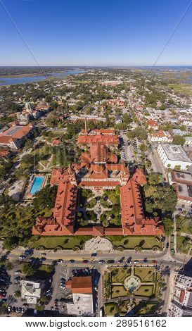 Aerial view of Ponce de Leon Hall of Flagler College in St. Augustine, Florida, USA. The Ponce de Leon Hall with Spanish Colonial Revival style is a US National Historic Landmark.