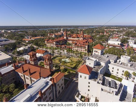 Aerial view of Ponce de Leon Hall of Flagler College in St. Augustine, Florida, USA. The Ponce de Leon Hall with Spanish Colonial Revival style is a US National Historic Landmark.