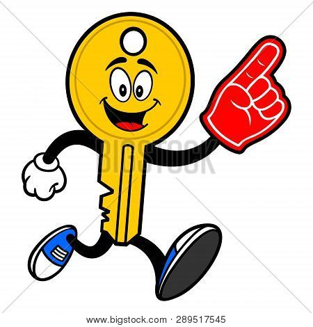 Key Mascot Running With A Foam Hand - A Vector Cartoon Illustration Of A Car Key Mascot Running With
