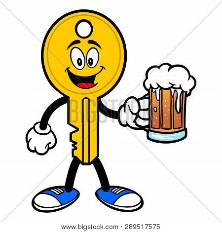Key Mascot With Beer - A Vector Cartoon Illustration Of A Car Key Mascot.