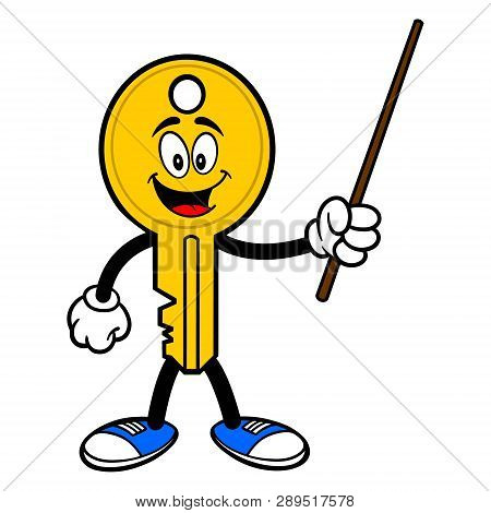 Key Mascot With Pointer - A Vector Cartoon Illustration Of A Car Key Mascot Holding A Pointer Stick.