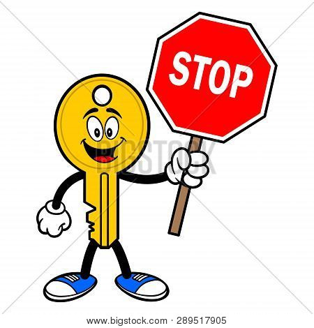 Key Mascot With A Stop Sign - A Vector Cartoon Illustration Of A Car Key Mascot Holding A Stop Sign.