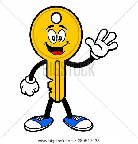 Key Mascot Waving - A Vector Cartoon Illustration Of A Car Key Mascot Waving.