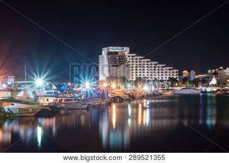 Eilat, Israel - February 9, 2019: Night View Of Isrotel King Solomon Hotel.