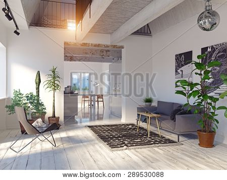 modern house interior. Sofa and kitchen zone. 3d rendering concept