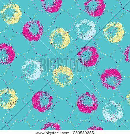 Textured Yellow Pink Grey Circles On Acqua Background Seamless Pattern.