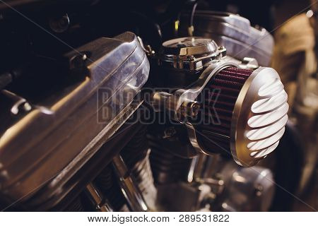 Motorcycle Engine, Metallic Background With Exhaust Pipes.