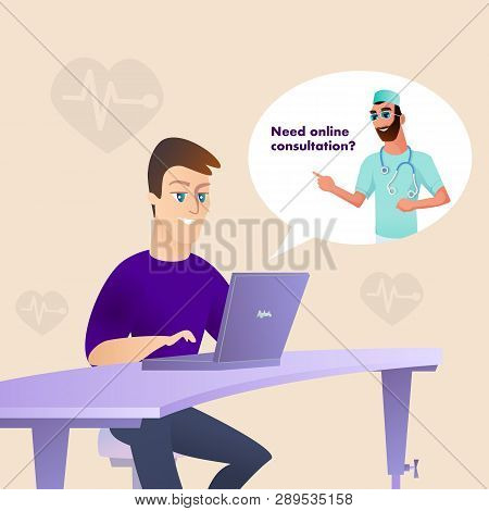 Patient At Laptop Look For Doctor Online Medicine. Medical Adviser Wear Uniform Glasses Stethoskope 