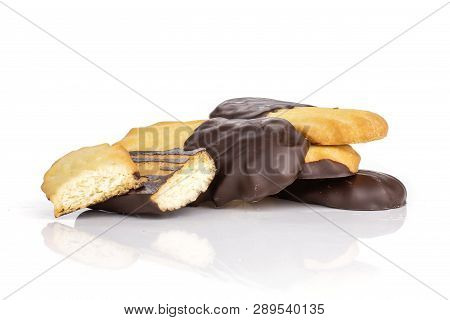 Group Of Lot Of Whole Two Pieces Of Baked Lazy Cookie With Chocolate Isolated On White Background