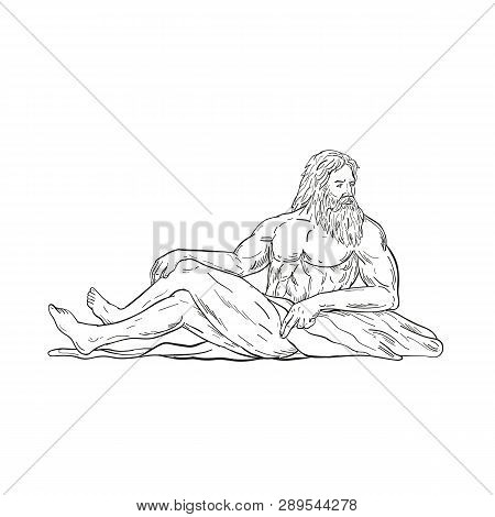 Drawing Sketch Style Illustration Of Heracles, A Greek Hero And God, Reclining, Sitting Or Resting L