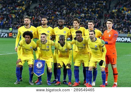 Kyiv, Ukraine - March 14, 2019: Chelsea Players Pose For A Group Photo Before The Uefa Europa League
