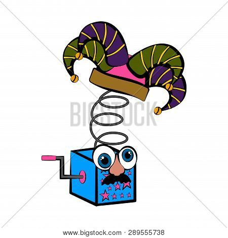 Joke Box With A Harlequin Hat And Funny Mask. April Fool Day. Vector Illustration Design