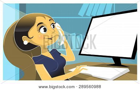 Vector Secretary Workplace Flat Illustration Talking By Phone