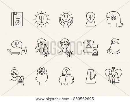 Brain Work Line Icon Set. Human Head, Gear, Psychologist Office. Psychology Concept. Can Be Used For