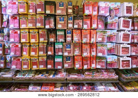 ZURICH, SWITZERLAND - CIRCA OCTOBER, 2018: interior shot of Migros supermarket in Zurich International Airport. Migros is Switzerland's largest retail company.