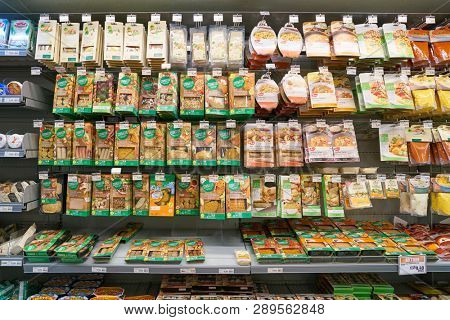 ZURICH, SWITZERLAND - CIRCA OCTOBER, 2018: interior shot of Migros supermarket in Zurich International Airport. Migros is Switzerland's largest retail company.
