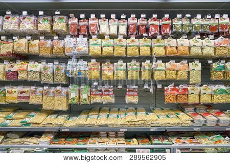 ZURICH, SWITZERLAND - CIRCA OCTOBER, 2018: interior shot of Migros supermarket in Zurich International Airport. Migros is Switzerland's largest retail company.