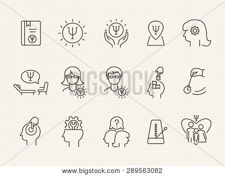 Mental Disorder Studying Line Icon Set. Psychologist, Hypnosis, Metronome. Psychology Concept. Can B