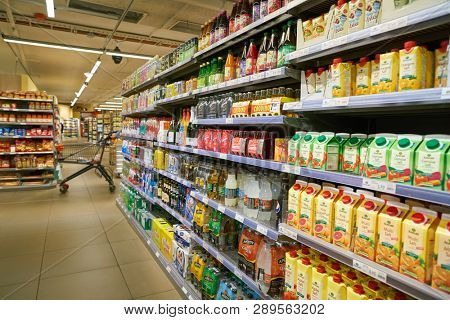 ZURICH, SWITZERLAND - CIRCA OCTOBER, 2018: interior shot of Migros supermarket in Zurich International Airport. Migros is Switzerland's largest retail company.