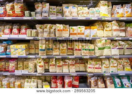ZURICH, SWITZERLAND - CIRCA OCTOBER, 2018: interior shot of Migros supermarket in Zurich International Airport. Migros is Switzerland's largest retail company.