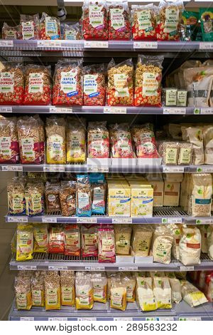 ZURICH, SWITZERLAND - CIRCA OCTOBER, 2018: interior shot of Migros supermarket in Zurich International Airport. Migros is Switzerland's largest retail company.