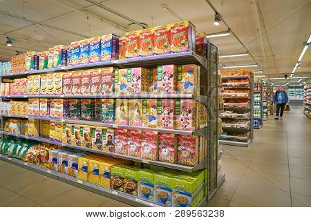 ZURICH, SWITZERLAND - CIRCA OCTOBER, 2018: interior shot of Migros supermarket in Zurich International Airport. Migros is Switzerland's largest retail company.