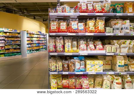 ZURICH, SWITZERLAND - CIRCA OCTOBER, 2018: interior shot of Migros supermarket in Zurich International Airport. Migros is Switzerland's largest retail company.